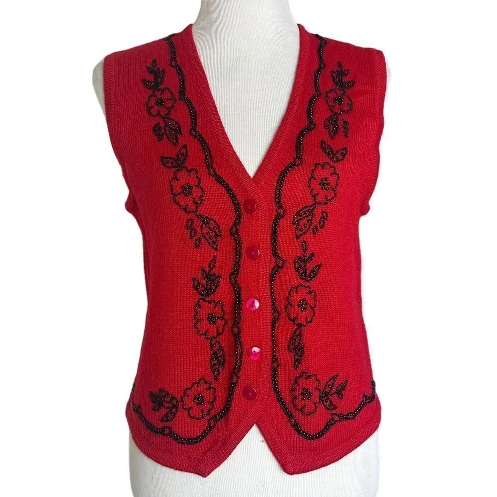 Alfred Dunner Wool Red Beaded Holliday Christmas Grandma Button Vest